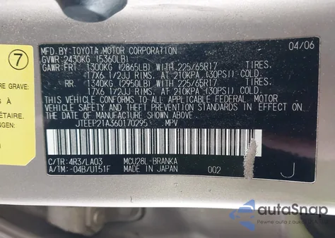 2006 Toyota Highlander Limited V6 из США, поврежденный, VIN JTEEP21A360170295